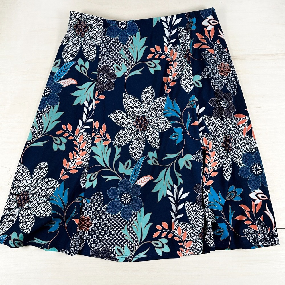 Renee C. Blue Green Floral Pattern Lined Skirt size M Made‎ in USA